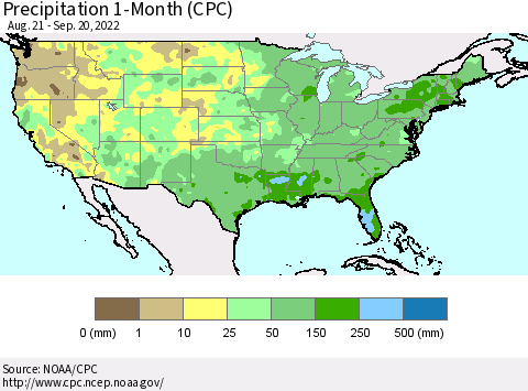 United States Precipitation 1-Month (CPC) Thematic Map For 8/21/2022 - 9/20/2022
