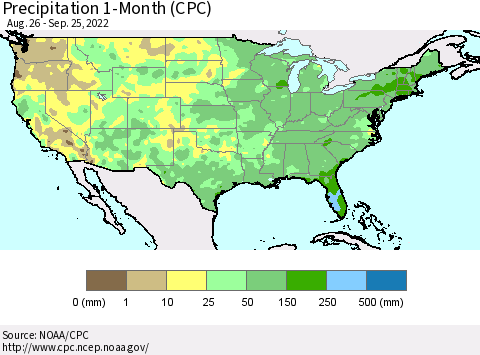 United States Precipitation 1-Month (CPC) Thematic Map For 8/26/2022 - 9/25/2022