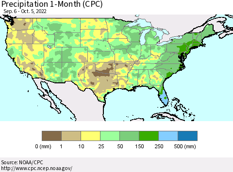 United States Precipitation 1-Month (CPC) Thematic Map For 9/6/2022 - 10/5/2022