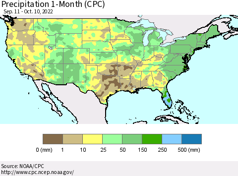 United States Precipitation 1-Month (CPC) Thematic Map For 9/11/2022 - 10/10/2022
