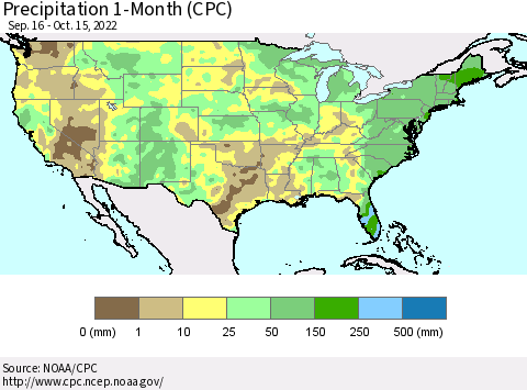 United States Precipitation 1-Month (CPC) Thematic Map For 9/16/2022 - 10/15/2022