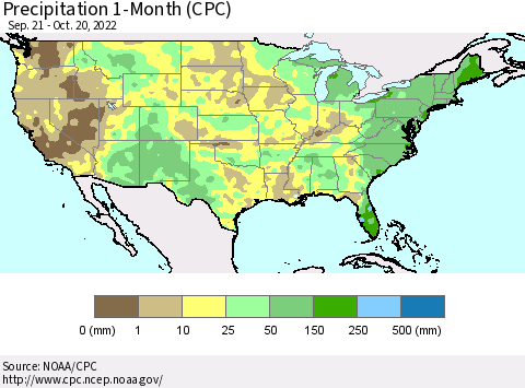 United States Precipitation 1-Month (CPC) Thematic Map For 9/21/2022 - 10/20/2022