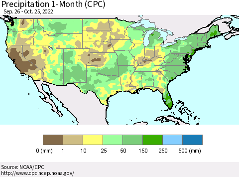 United States Precipitation 1-Month (CPC) Thematic Map For 9/26/2022 - 10/25/2022