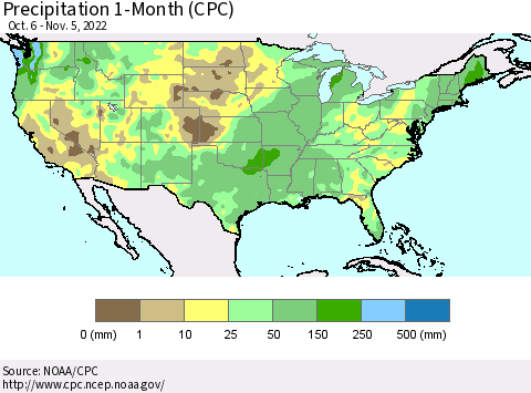 United States Precipitation 1-Month (CPC) Thematic Map For 10/6/2022 - 11/5/2022