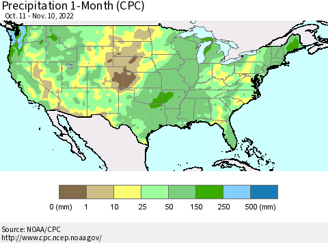 United States Precipitation 1-Month (CPC) Thematic Map For 10/11/2022 - 11/10/2022
