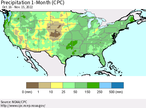 United States Precipitation 1-Month (CPC) Thematic Map For 10/16/2022 - 11/15/2022