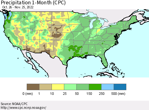United States Precipitation 1-Month (CPC) Thematic Map For 10/26/2022 - 11/25/2022