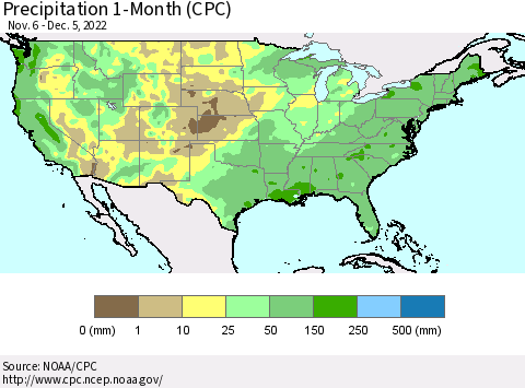 United States Precipitation 1-Month (CPC) Thematic Map For 11/6/2022 - 12/5/2022