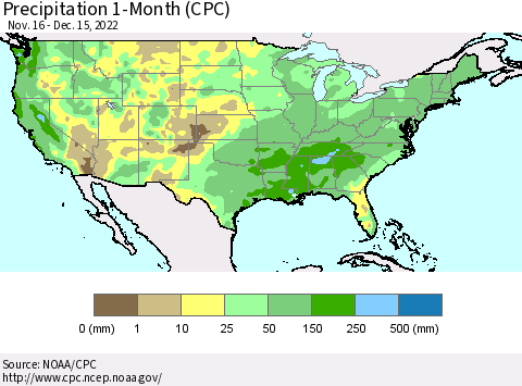 United States Precipitation 1-Month (CPC) Thematic Map For 11/16/2022 - 12/15/2022