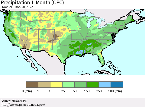 United States Precipitation 1-Month (CPC) Thematic Map For 11/21/2022 - 12/20/2022