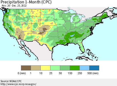 United States Precipitation 1-Month (CPC) Thematic Map For 11/26/2022 - 12/25/2022