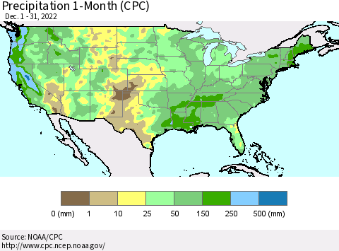 United States Precipitation 1-Month (CPC) Thematic Map For 12/1/2022 - 12/31/2022