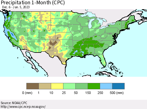 United States Precipitation 1-Month (CPC) Thematic Map For 12/6/2022 - 1/5/2023