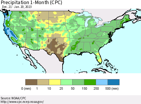 United States Precipitation 1-Month (CPC) Thematic Map For 12/21/2022 - 1/20/2023