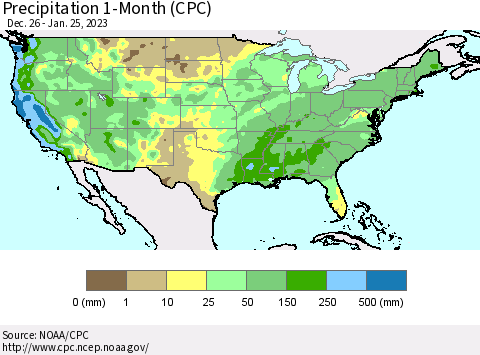 United States Precipitation 1-Month (CPC) Thematic Map For 12/26/2022 - 1/25/2023