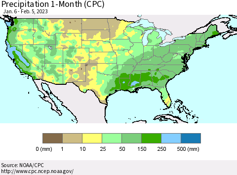 United States Precipitation 1-Month (CPC) Thematic Map For 1/6/2023 - 2/5/2023
