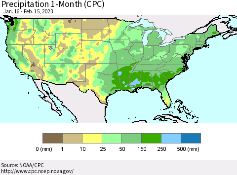 United States Precipitation 1-Month (CPC) Thematic Map For 1/16/2023 - 2/15/2023