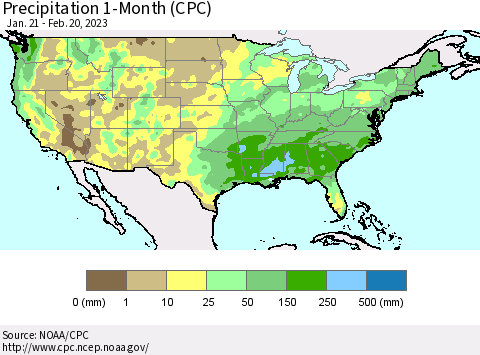 United States Precipitation 1-Month (CPC) Thematic Map For 1/21/2023 - 2/20/2023