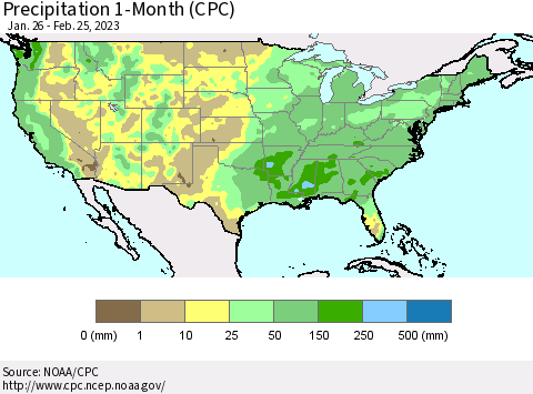 United States Precipitation 1-Month (CPC) Thematic Map For 1/26/2023 - 2/25/2023
