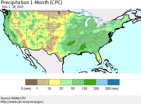 United States Precipitation 1-Month (CPC) Thematic Map For 2/1/2023 - 2/28/2023