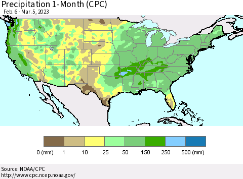 United States Precipitation 1-Month (CPC) Thematic Map For 2/6/2023 - 3/5/2023