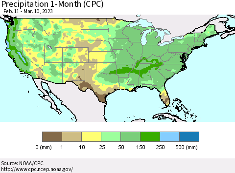 United States Precipitation 1-Month (CPC) Thematic Map For 2/11/2023 - 3/10/2023