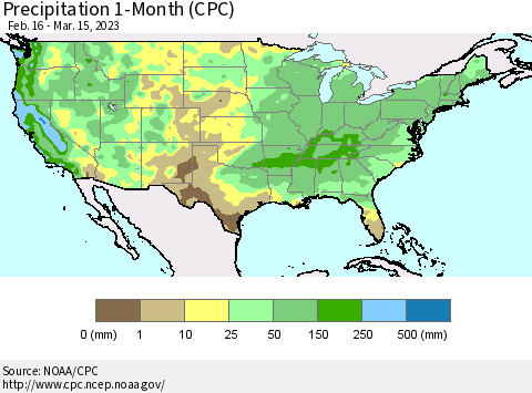 United States Precipitation 1-Month (CPC) Thematic Map For 2/16/2023 - 3/15/2023