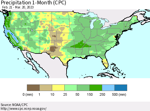United States Precipitation 1-Month (CPC) Thematic Map For 2/21/2023 - 3/20/2023