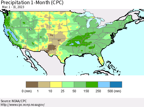 United States Precipitation 1-Month (CPC) Thematic Map For 3/1/2023 - 3/31/2023