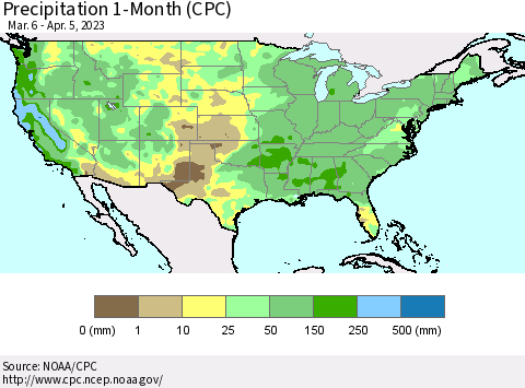 United States Precipitation 1-Month (CPC) Thematic Map For 3/6/2023 - 4/5/2023