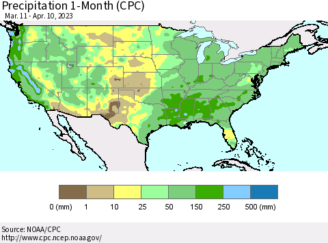 United States Precipitation 1-Month (CPC) Thematic Map For 3/11/2023 - 4/10/2023
