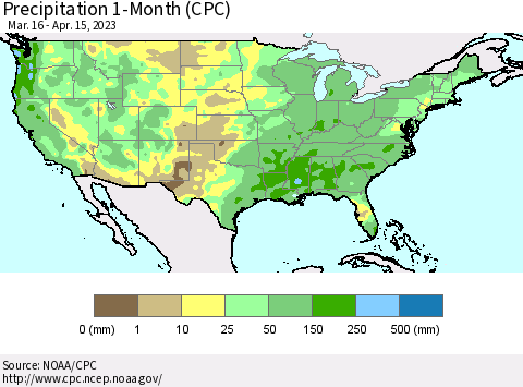 United States Precipitation 1-Month (CPC) Thematic Map For 3/16/2023 - 4/15/2023