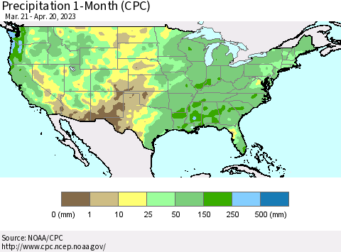 United States Precipitation 1-Month (CPC) Thematic Map For 3/21/2023 - 4/20/2023