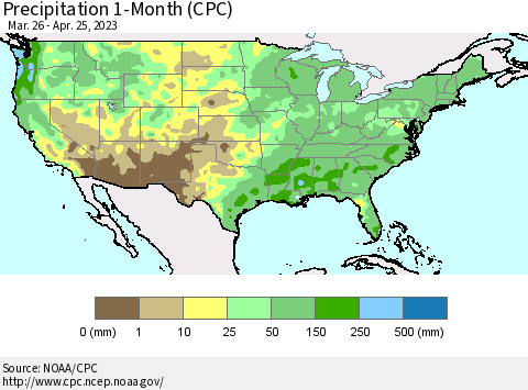 United States Precipitation 1-Month (CPC) Thematic Map For 3/26/2023 - 4/25/2023