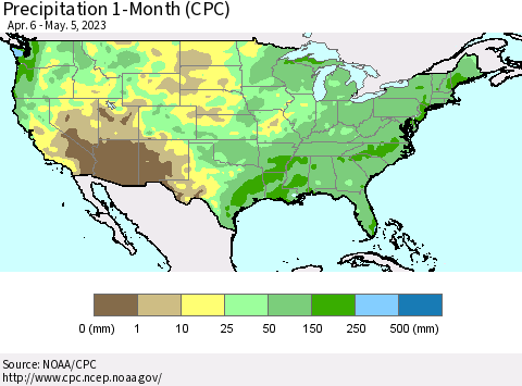 United States Precipitation 1-Month (CPC) Thematic Map For 4/6/2023 - 5/5/2023