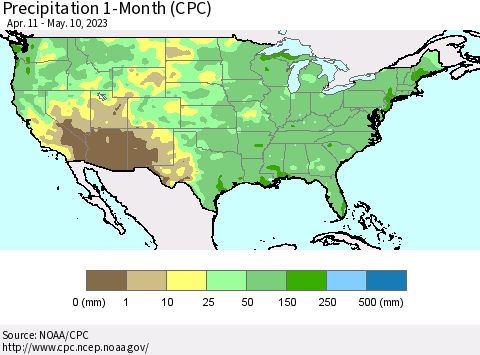 United States Precipitation 1-Month (CPC) Thematic Map For 4/11/2023 - 5/10/2023