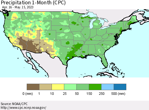 United States Precipitation 1-Month (CPC) Thematic Map For 4/16/2023 - 5/15/2023