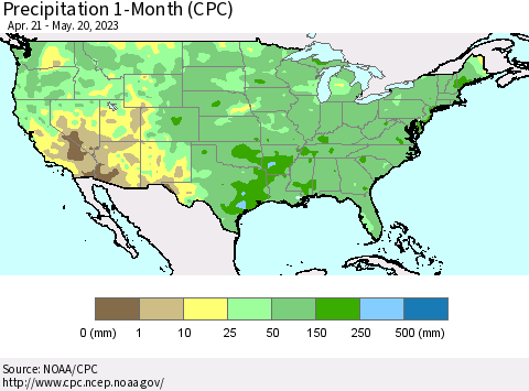 United States Precipitation 1-Month (CPC) Thematic Map For 4/21/2023 - 5/20/2023