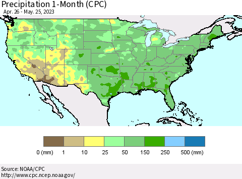 United States Precipitation 1-Month (CPC) Thematic Map For 4/26/2023 - 5/25/2023