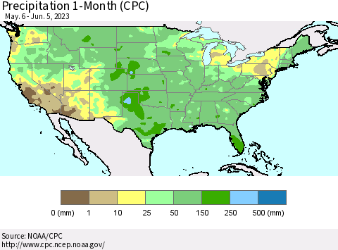 United States Precipitation 1-Month (CPC) Thematic Map For 5/6/2023 - 6/5/2023