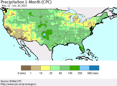 United States Precipitation 1-Month (CPC) Thematic Map For 5/11/2023 - 6/10/2023