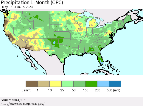 United States Precipitation 1-Month (CPC) Thematic Map For 5/16/2023 - 6/15/2023