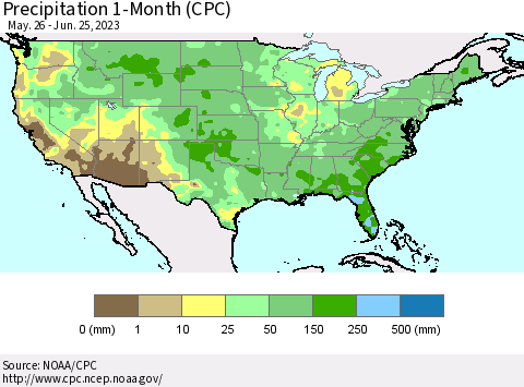 United States Precipitation 1-Month (CPC) Thematic Map For 5/26/2023 - 6/25/2023