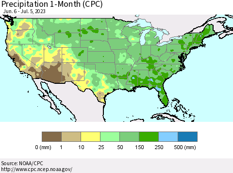 United States Precipitation 1-Month (CPC) Thematic Map For 6/6/2023 - 7/5/2023