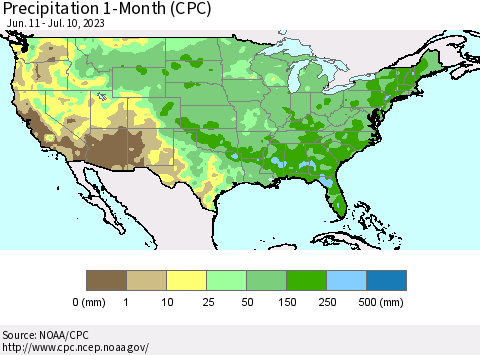 United States Precipitation 1-Month (CPC) Thematic Map For 6/11/2023 - 7/10/2023