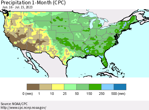 United States Precipitation 1-Month (CPC) Thematic Map For 6/16/2023 - 7/15/2023
