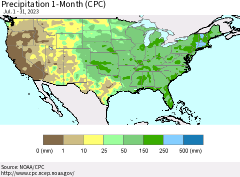 United States Precipitation 1-Month (CPC) Thematic Map For 7/1/2023 - 7/31/2023