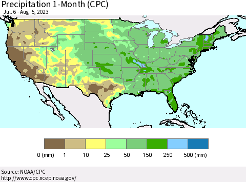 United States Precipitation 1-Month (CPC) Thematic Map For 7/6/2023 - 8/5/2023