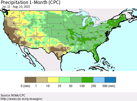 United States Precipitation 1-Month (CPC) Thematic Map For 7/11/2023 - 8/10/2023