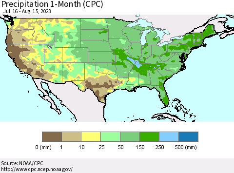 United States Precipitation 1-Month (CPC) Thematic Map For 7/16/2023 - 8/15/2023